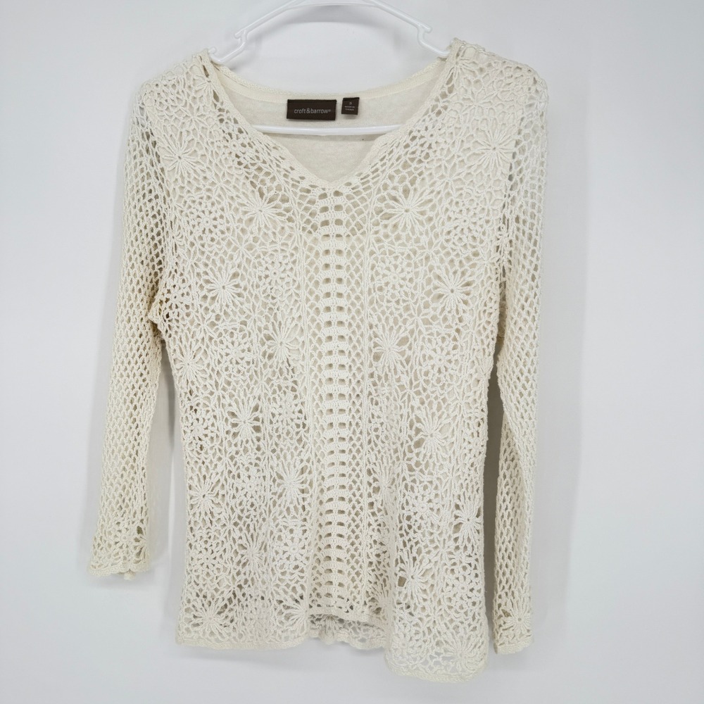 Croft & Barrow Cream Crochet Floral Long Sleeve V Neck Lined Sweater Top Women S